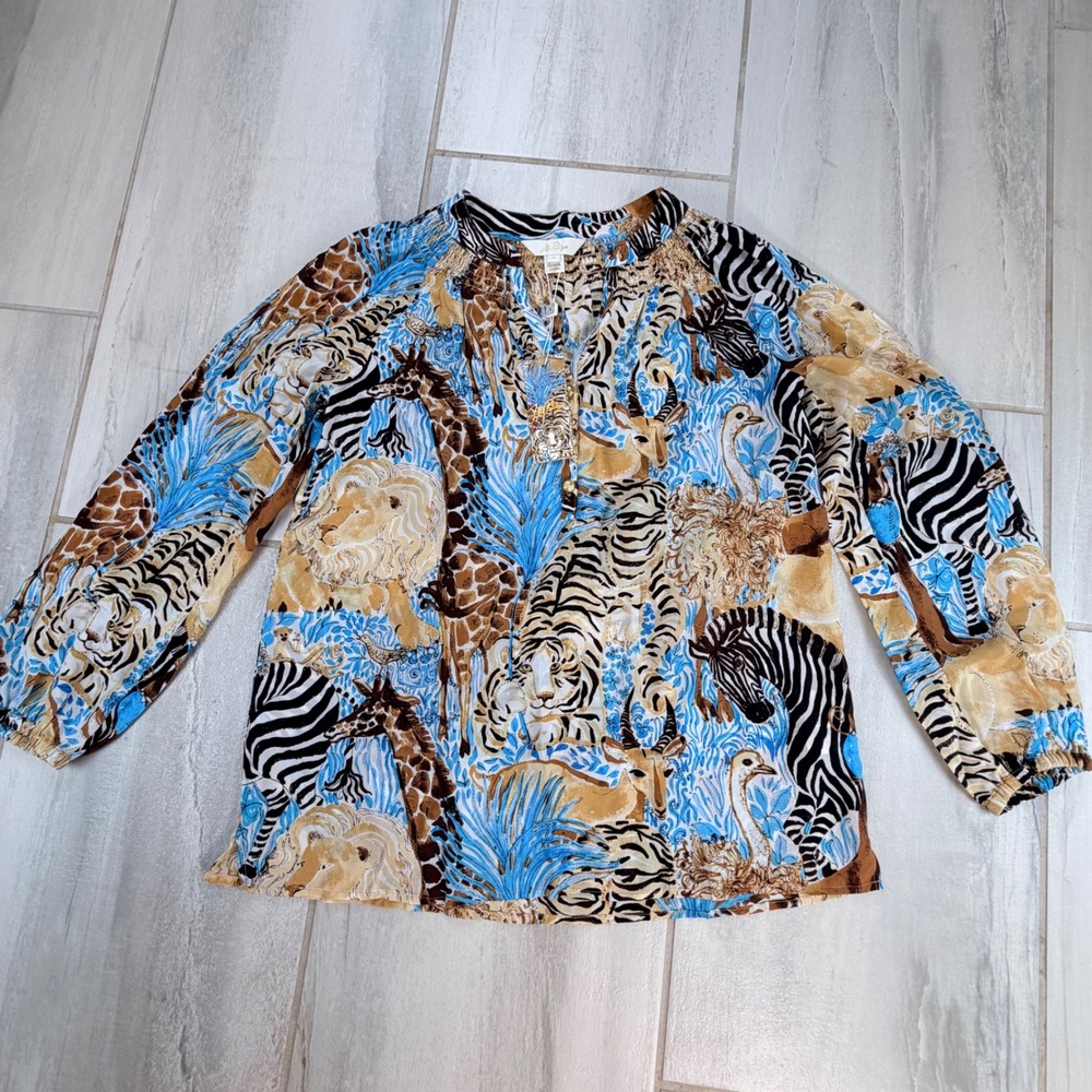HTF Lilly Pulitzer Elsa Top Breezy Aqua Lillys Zoo Silk Blouse Size S NEW